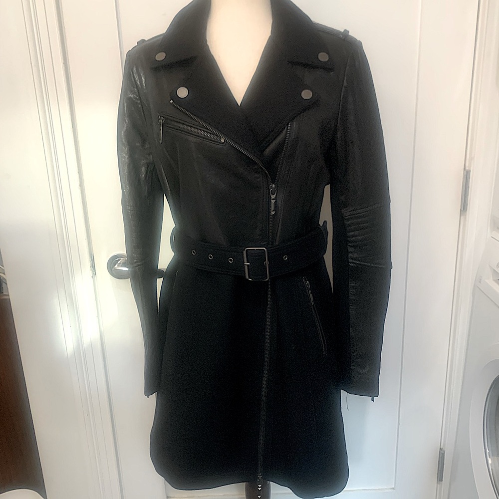 Black BCBG Belted Vegan Leather Felt Coat Knee Length Moto Inspired